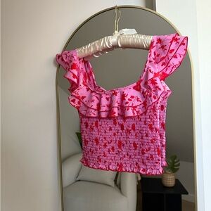 Likely Pink Floral Ruffle Crop Top